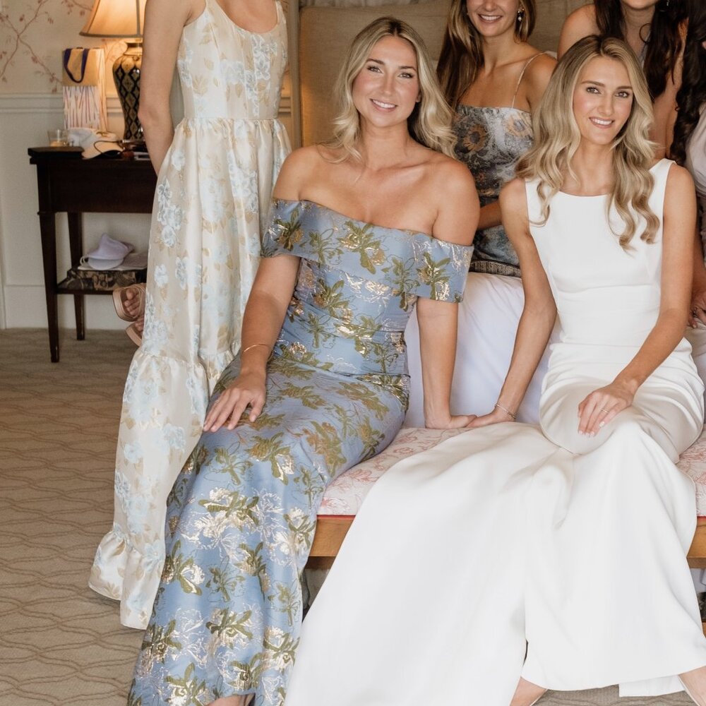 Markarian Blue Off-Shoulder Maxi Dress with Gold Floral Embroidery